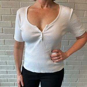 Pact Women's White Favorite Rib Henley Top, size M